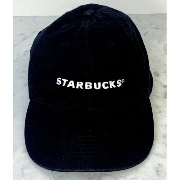 STARBUCKS Barista Cap Black Adjustable Strapback Hat Embroidered Uniform EUC - Picture 1 of 5